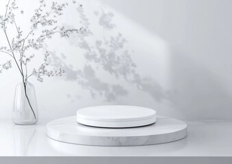 Aufkleber - Minimalist white marble podium with flowers, sunlight shadow.