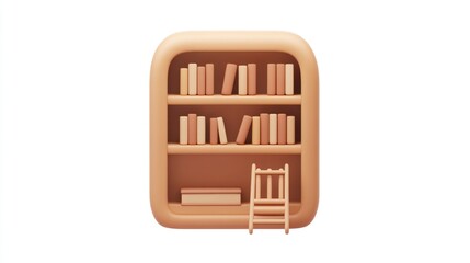 Aufkleber - 3D render of a minimalist bookshelf with books, a small ladder, and a box.