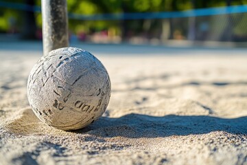 Aufkleber - Close-up of a worn ball resting on sandy beach volleyball court.