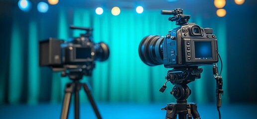 Poster - Two cameras on tripods in front of a green backdrop with lights.