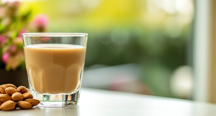 Poster - Glass of almond milk with almonds near a window.