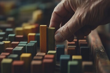 Poster - Hand placing a colorful block into a miniature city model made of pastel blocks.