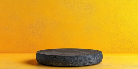 Poster - Dark gray stone podium against yellow background.