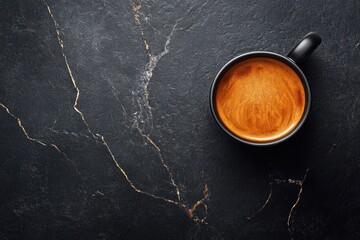 Aufkleber - Top view of espresso in a black mug on dark marble.