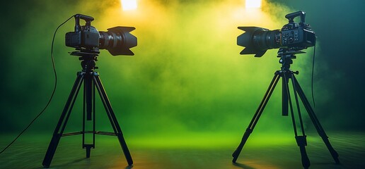 Poster - Two cameras on tripods under dramatic lighting in a foggy setting.