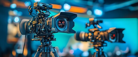 Poster - Two professional video cameras on tripods in a studio setting.