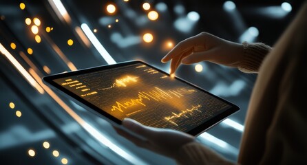 Aufkleber - Woman using tablet, analyzing financial data, glowing charts.