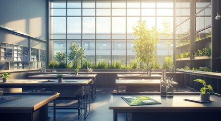 Poster - Sunlit modern classroom with plants and lab tables.