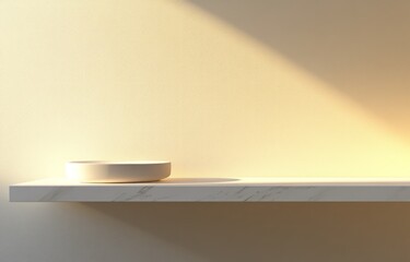 Aufkleber - Minimalist white marble shelf with a bowl, sunlit background.