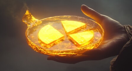 Poster - Glowing gold pie chart segments in a glass bowl held in a hand.