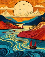 Canvas Print - Sailing boats on the bank of the river. Vector illustration.