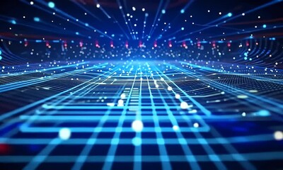 Poster - Wavy blue lines and organic shapes, bokeh, light sky-blue and dark indigo, technology connection concept screen format, mosscore, iconic, manapunk

