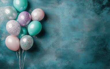 Aufkleber - Pastel balloons on teal background.  Space for text.