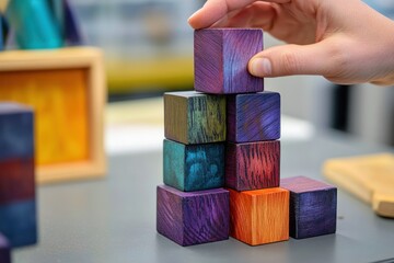 Poster - Hand placing colorful wooden block on a growing stack.