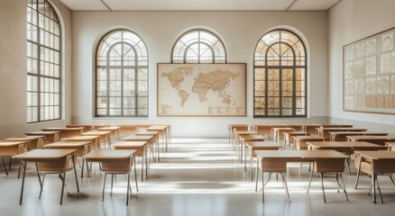 Poster - Sunlit classroom with desks, world map, and arched windows.