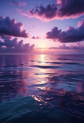 Wall Mural - the calm surface of a vast ocean reflecting the deep blues and purples of a cloudy sky, reflection, 