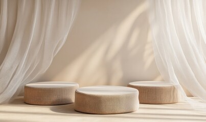 Aufkleber - Three round podiums with beige textured surface, against a beige wall, sunlight through sheer curtains.