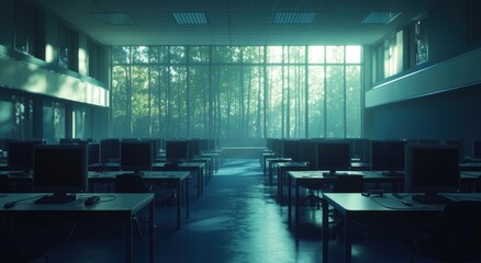 Leinwandbilder - Empty computer lab with large windows overlooking a forest.