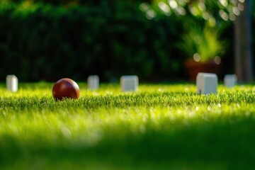 Poster - Close-up of a brown ball on a green lawn with white markers in the background, suggesting a lawn bowling game.