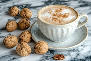 Aufkleber - A cup of latte with cinnamon topping sits on a saucer next to walnuts on a marble surface.