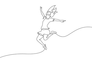 Wall Mural - Continuous One Line Drawing of Woman Jumping. Happy Woman Jumping Single Line Drawing Black Sketch Isolated on White Background. Linear Graphic Vector Illustration for Minimalist Design