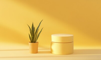 Poster - Yellow minimalist scene with plant and podium.