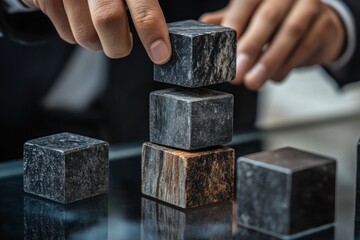 Poster - Close-up of hands stacking dark marble cubes on glass surface.