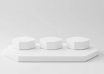 Poster - Three white hexagonal podiums on a larger hexagonal base, isolated on white background.