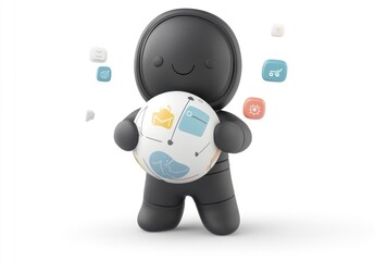 Poster - Happy character holding a sphere with icons representing data management, organization, and connectivity.