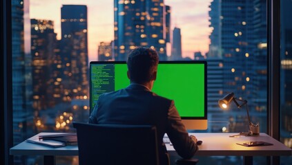 Aufkleber - Man in suit codes at computer, city sunset view.