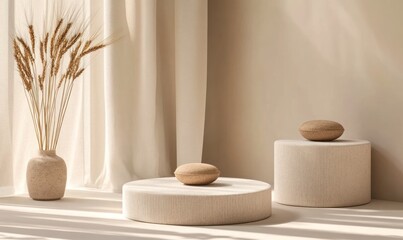 Aufkleber - Minimalist beige interior scene with textured pedestals, dried wheat, and soft light.
