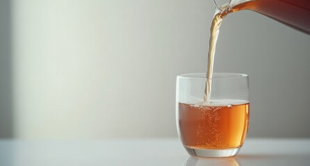 Poster - Amber liquid pouring from a pitcher into a glass on a white surface.