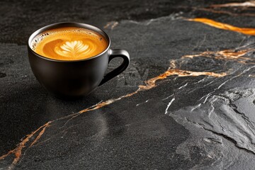 Aufkleber - Latte art in a dark cup on a marble surface.