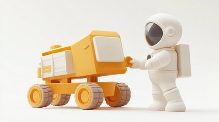 Aufkleber - Astronaut pushing a small yellow rover on a white background.