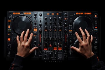 Poster - Overhead view of hands mixing music on a DJ controller with illuminated buttons and knobs.