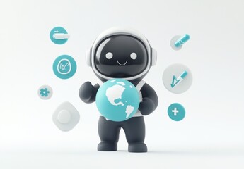 Fototapete - Cute robot holding Earth, surrounded by digital icons.