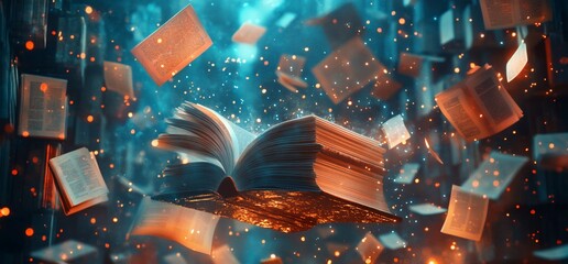 Poster - A floating open book surrounded by glowing, scattered pages and particles.
