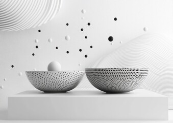 Poster - Abstract 3D render of two perforated bowls with floating spheres.
