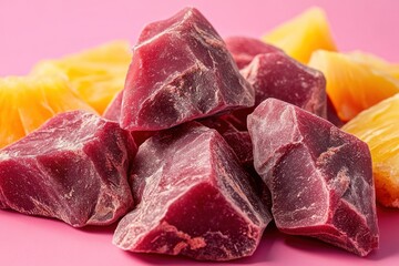 Poster - Close-up of raw cacao nibs and pineapple chunks on pink background.