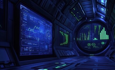 Poster - Futuristic spaceship corridor with glowing monitors displaying data and graphs.