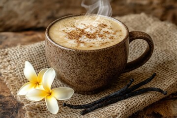 Aufkleber - Steaming cappuccino in rustic mug with vanilla beans and plumeria flowers.