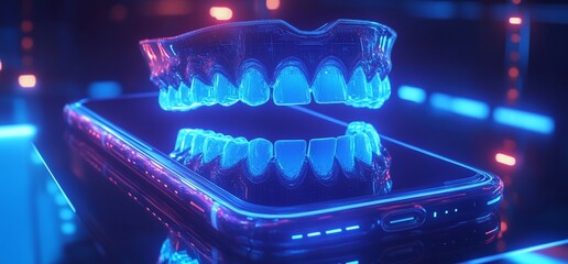 Poster - A futuristic dental device displayed on a smartphone in a neon-lit setting.