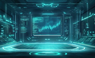 Aufkleber - Futuristic digital room with glowing interfaces and data visualizations on large screen.
