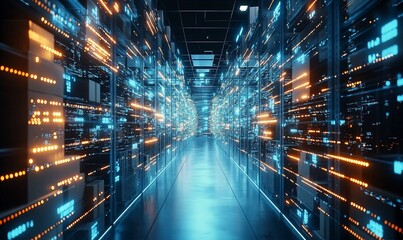 Poster - A futuristic data center with glowing servers and illuminated pathways.