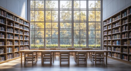 Poster - Sunlit library with large windows, bookshelves, and long wooden table with chairs.