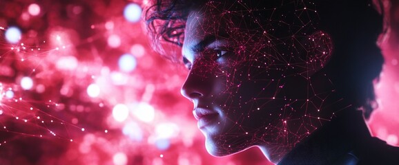 Poster - A futuristic portrait of a person with a digital, cosmic background.