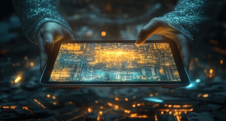 Aufkleber - Hands holding futuristic tablet displaying glowing circuit board.