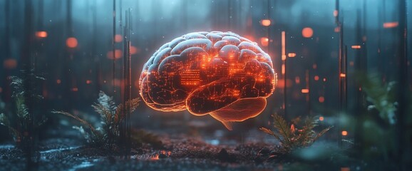 Poster - A glowing brain amidst a digital landscape, symbolizing technology and thought.
