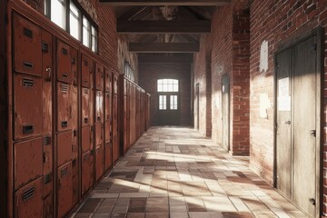 Poster - Sunlit rustic brick hallway with old lockers.
