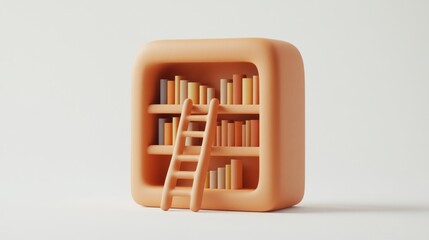 Aufkleber - Minimalist 3D render of a bookshelf with a ladder, showcasing knowledge and learning.